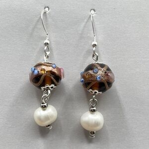 Artisan 925 Sterling Silver Freshwater Pearl Murano Wedding Cake Dangle Earrings